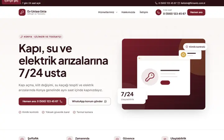 Ev Ustası – Çilingir ve Tesisatçı web sitesi teması ekran görüntüsü