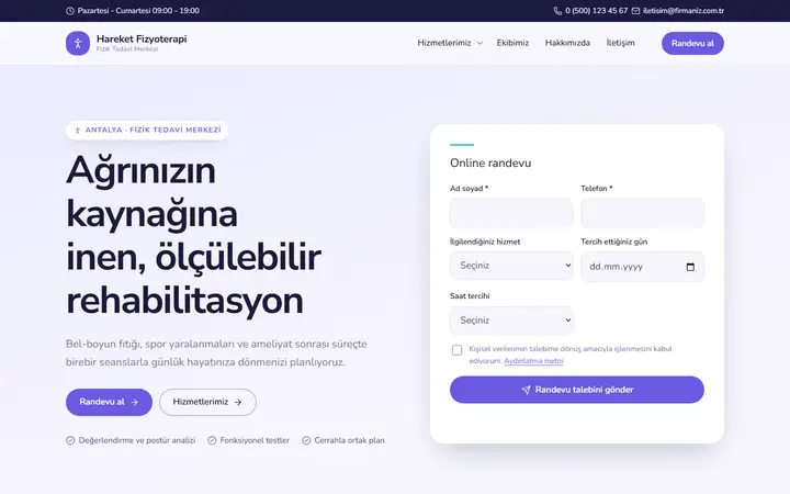 Fizik Tedavi Merkezi web sitesi teması örneği