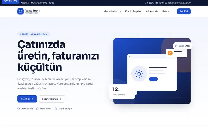 Watt – Güneş Enerjisi web sitesi teması ekran görüntüsü