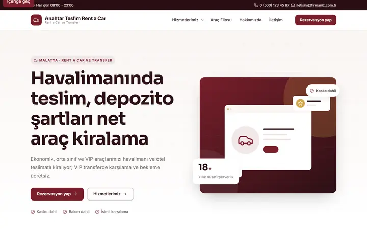 Anahtar Teslim – Rent a Car ve Transfer web sitesi teması ekran görüntüsü