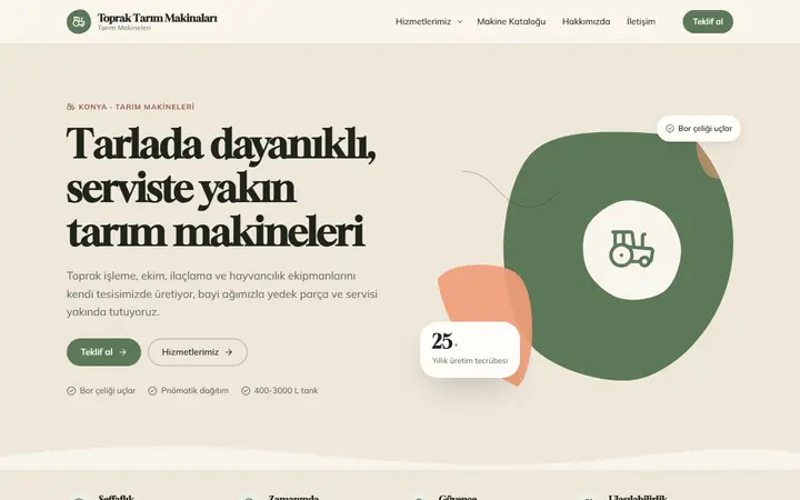 Tarım Makineleri web sitesi teması örneği